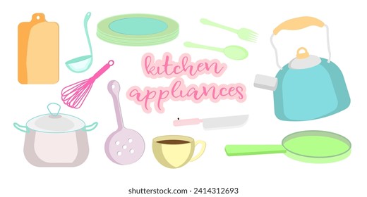  Modern cartoon set with kitchen set. Cartoon flat vector illustration.