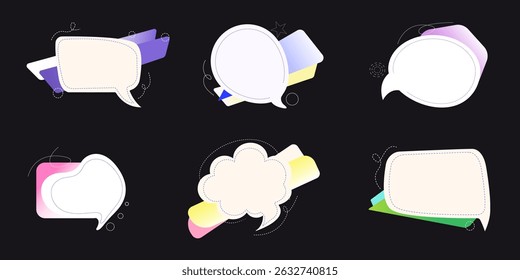 Modern cartoon speech bubble collection with gradient geometric elements on a dark background. Bright dialog balloons in different shapes for communication, chat or comment design