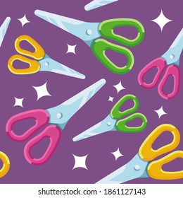 Modern cartoon stainless scissors in different colors seamless pattern texture. Wallpaper design for brochure,  poster, postcard, prints, wrapping package and textile. Pink, yellow and green colors.