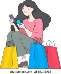 A modern cartoon style illustration of a woman holding two smartphones while surrounded by colorful shopping bags, expressing a relaxed and happy mood