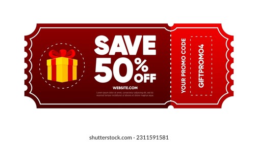 Modern cartoon template with promo code. Gift voucher on save 50 percent. Enter the promo code to use the discount. Modern design. Vector illustration.