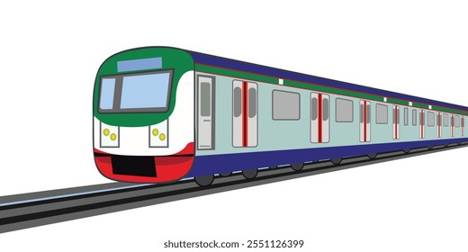 Vector de dibujos animados moderno de un tren colorido en Pistas de ferrocarril, perspectiva lateral con diseño detallado