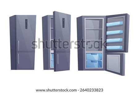 Modern Cartoon Vector isolated Refrigerator Set, Closed, Half-Open, and Open Views of a Clean Metallic Kitchen Fridge with Interior Shelves and Freezer