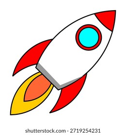 Modernes Raketenschiff im Cartoon-Stil startet, mit kräftigen Farben und einfachen Formen für Apps, Websites und grafische Bildungsdesigns