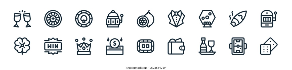 moderno casino icon pack. perfeito para projetos de ui lineares com dados vetoriais, hóquei no ar, bebida, carteira, mesa de poker, inserir moeda, coroa e mais ícones para aplicativos móveis e web.