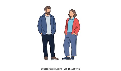Modern Casual Attire for Men and Women Standing Outdoors