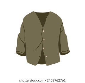 Modern casual blouse, women shirt. Stylish loose apparel, female garment. Top textile wearing with buttons, sleeves. Flat vector illustration isolated on white background