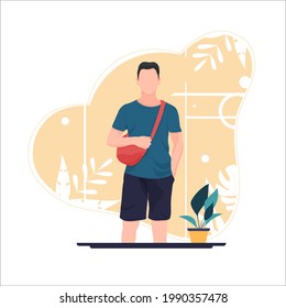 Modern casual guy holding backpack vector flat illustration. Stylish male in contemporary clothes
