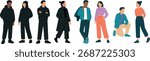 Modern casual people characters in flat vector style, diverse men and women outfits and poses, hoodies coats and jackets, lineup with standing and kneeling on clean background.