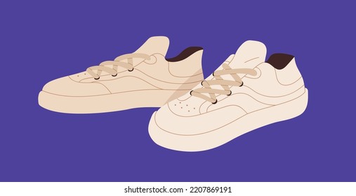 Modern casual sport shoes, leather sneakers. Fashion comfortable footwear pair. Laced sportive low-top footgear design. Comfy foot wear model, trainers. Isolated flat vector illustration