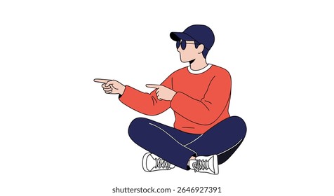 Modern Casual Young Man Sitting Outdoors Demonstrating Direction With Finger Points
