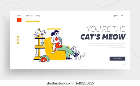 Modern Cat Cafe Landing Page Template. Woman Playing with Cats and Making Pictures on Smartphone. Female Character Hold Kitten Sitting on Comfortable Armchair, Hospitality. Linear Vector Illustration
