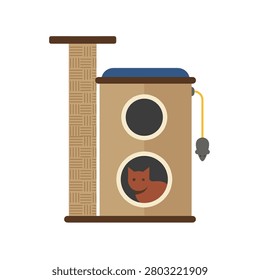 Modern cat condo with scratching post and toy mouse. A beige cat condo with a sisal scratching post, a blue cushion, two portholes, a ginger cat inside, and a hanging grey toy mouse. Ideal for pet care blogs or pet shop marketing.