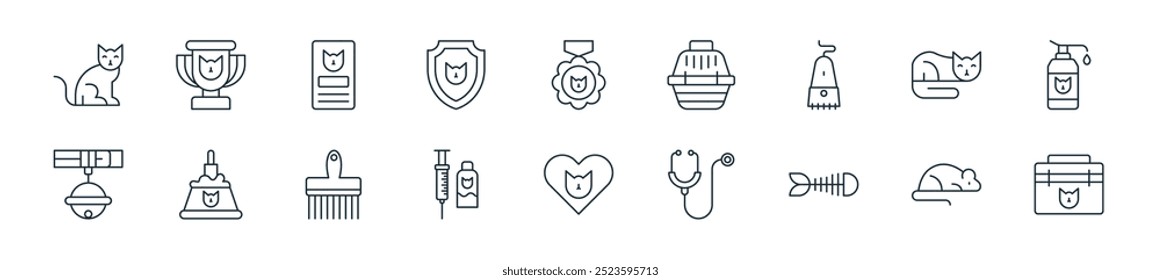 modern cat icon pack. perfect for linear ui designs featuring vector bag, mouse, fish bone, endoscopy, cat lover, inject, brush and more icons for mobile and web apps.