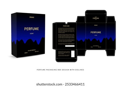 El diseño moderno y pegadizo del paquete del perfume combina un fondo negro elegante y acentos azules vivos de la onda