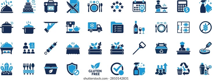 Modern catering management solid icons collection featuring restaurant operations, food service, buffet, catering equipment, commercial kitchen, chef, serving tray, menu planning, food delivery, table setting, banquet, hygiene, food safety, beverage service, event catering, kitchen management, restaurant workflow and hospitality concepts. Premium editable vector icon set for websites, mobile apps, UI, UX, presentations and commercial design projects.