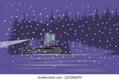 A modern caterpillar bulldozer drags a large Christmas tree for a holiday at night from the forest into the snowfall.