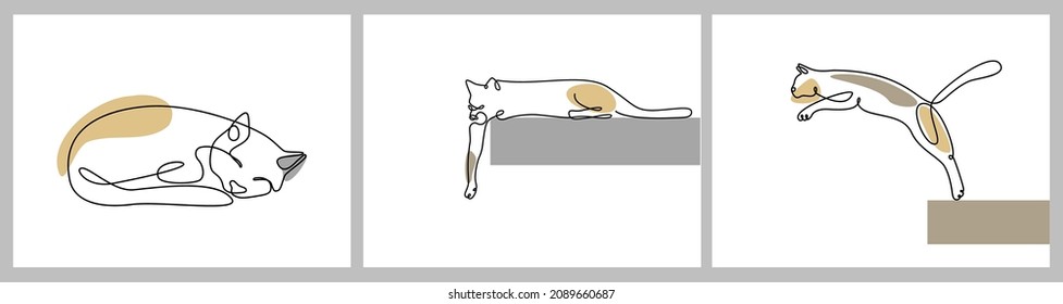 Gatos modernos en línea continua con formas abstractas, dibujo de una línea. Afiches minimalistas de moda con gatos dormidos, saltos y relajantes. Logo de la mascota. Ilustración vectorial.