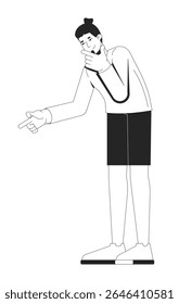 Modern caucasian man in longsleeve finger pointing and thinking 2D line character. Topknot european male rubbing chin, gesturing isolated vector ink outline person. Monochromatic spot illustration