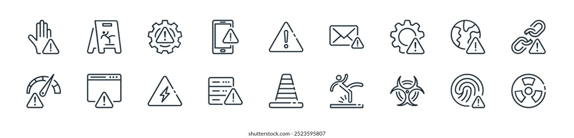 Perfecto para diseños de interfaz de usuario lineal con Vector nuclear, huellas dactilares, peligro, piso húmedo, cono, error, advertencia y más iconos para App móviles y de Web.