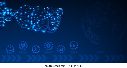 Modern CCTV, the concept of surveillance and monitoring. Abstract Low Poly Wireframe Mesh Design From Connection Points and Lines Futuristic design vector illustration on dark blue background.