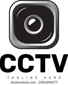 Modern CCTV logo design features a bold, monochromatic surveillance camera icon. Perfect for security businesses, technology companies, and home security systems, this logo combines sharp lines. 