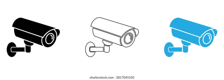 Modern CCTV Security Camera Icon Set. Surveillance Camera Vector Illustration. Video Monitoring System Symbol. Home and Office Protection Logo. Minimal Security Camera Line Icon Collection