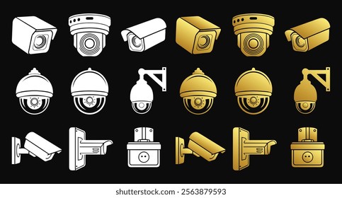  Modern CCTV surveillance icons in black and gold.