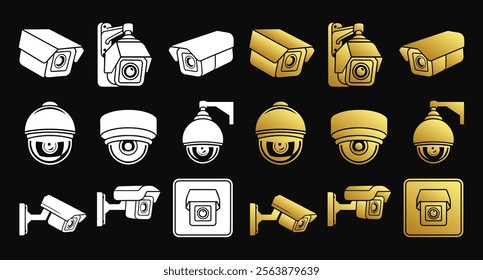  Modern CCTV surveillance icons in black and gold.