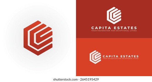 Emblema moderno CE para construção e imóveis. Sua forma geométrica arrojada dentro de um hexágono simboliza integridade estrutural, desenvolvimento inovador e crescimento interconectado.