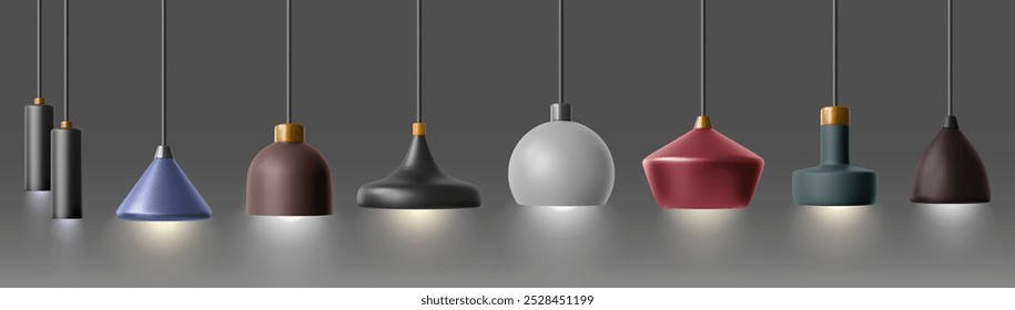 Lustre de teto moderno pendurado no fio para design de interiores de casa ou escritório. Realista vetor 3d ilustração conjunto de lâmpada pingente com luz ligada. Equipamento elétrico com luminária contemporânea.