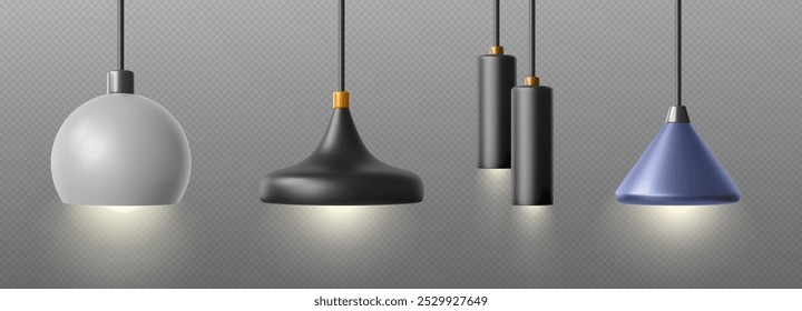 Lustre de teto moderno pendurado no fio para design de interiores de casa ou escritório. Realista vetor 3d ilustração conjunto de lâmpada pingente com luz ligada. Equipamento elétrico com luminária contemporânea.