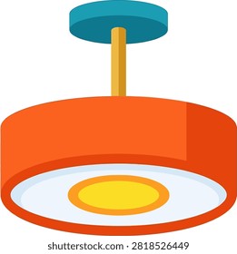 Modern ceiling lamp with vibrant orange shade blue top and wooden pole