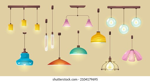 Modern ceiling lamps, stylish pendant electric lights for home or office interior. Vector cartoon set of hanging illumination accessory, chandeliers with lampshades isolated on background