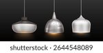 Modern ceiling pendant lamp set with metallic finishes. Hanging lights in different shapes - dome, bowl and cylindrical designs. Interior lighting fixtures for contemporary home decor on dark bg.