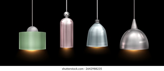 Modern ceiling pendant lamp set with various geometric shapes - cylindrical, dome and bell designs in metallic finishes, illuminated with warm light for contemporary interior lighting, home decor.