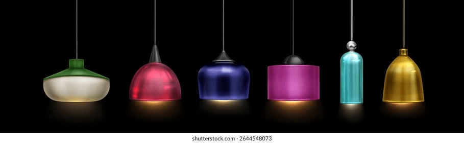 Modern ceiling pendant lamp set with various geometric shapes - cylindrical, dome and bell designs in metallic finishes, illuminated with warm light for contemporary interior lighting, home decor.