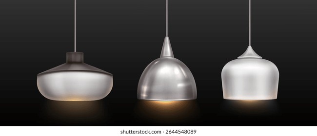 Lâmpada de pingente de teto moderno conjunto com acabamentos metálicos. Luzes penduradas em diferentes formas - cúpula, tigela e projetos cilíndricos. luminárias de iluminação interior para decoração de casa contemporânea no escuro bg.