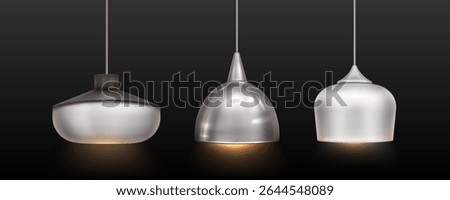 Modern ceiling pendant lamp set with metallic finishes. Hanging lights in different shapes - dome, bowl and cylindrical designs. Interior lighting fixtures for contemporary home decor on dark bg.