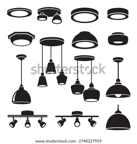 Modern ceiling and wall lighting silhouette vector set isolated on white