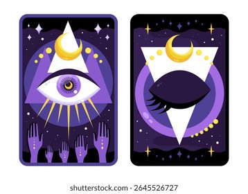 Design moderno cartão de tarô celestial com sagrado Todos vendo olho. Lado reverso do convés de Tarot com um olho mágico. Ilustração vetorial
