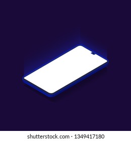 Modern cell phone in isometric style. 3d phone illustration in neon color gamma.