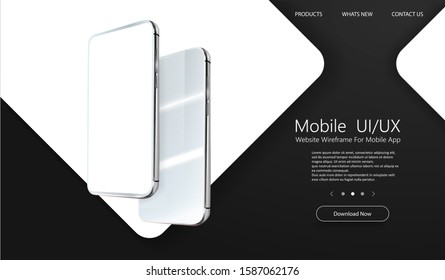 Modern cellphone with blank app screens mockup. Wireframing screens template to create and showcase your mobile ui, ux, kit. Frameless smartphones screen, mobile app presentation template. Vector 