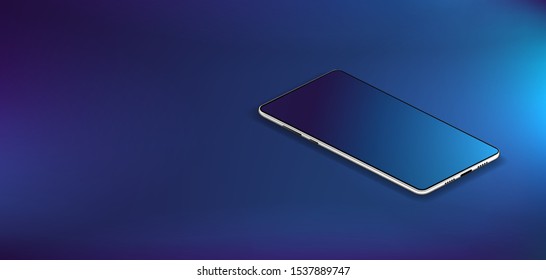 Modern cellphone mockup. 3D realistic smartphone, isometric position. UI, UX, KIT presentation mockup. Futuristic smartphone mockup with blue background. Vector illustration mobile phone