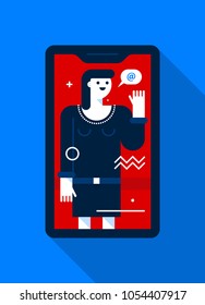 Modern cellphone with smiling woman. Communication, assistant, technologies. Modern vector illustration in colorful flat style.