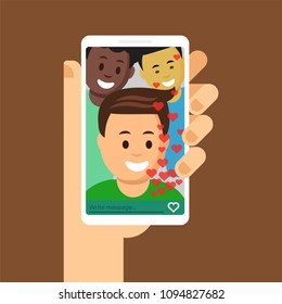 Modern cellphone in woman hand with friends image flat vector illustration. Mates are writing message with mobile applications. Concept of social media internet communication