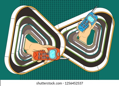 Modern cellular communication. Fantasy using isometric shapes and sketch elements. Vector illustration