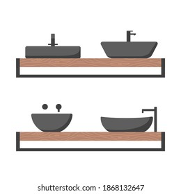 Modern ceramic black vessel sink on a wooden shelf. Stylish overhead sink collection for bathroom. Vector illustration in flat cartoon style.