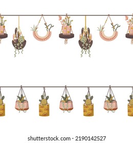 Modern Ceramic Boho Hanging Potted Plants Vector Seamless Horizontal Borders Set