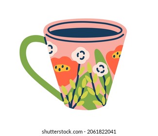 Modern ceramic coffee cup. Tea mug with floral pattern and handle. Drink crockery with americano in doodle style. Colored flat vector illustration of teacup isolated on white background